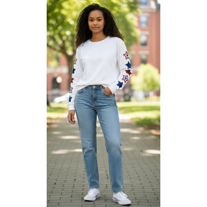 Women's Mainstrip Sweatshirt, L, White with Red and Blue Stars